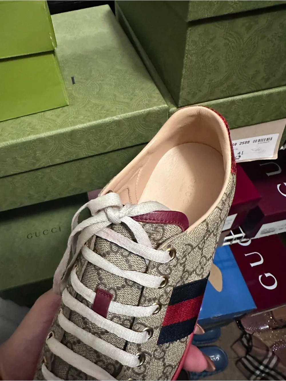 Gucci Beige GG Monogram Sneakers with red Sole and Navy Stripe